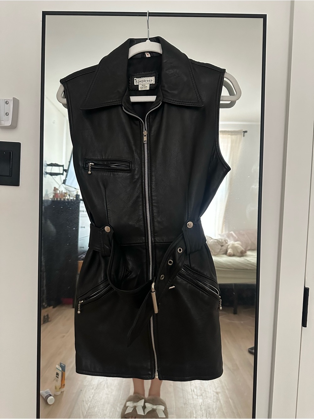 Vintage bebe Black Leather Zip-Front Vest Dress with Belt